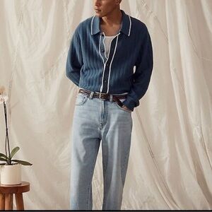 Madewell Long Sleeve Polo Sweater Ribbed Tipped Button-Up Deep Shadow Teal Men M